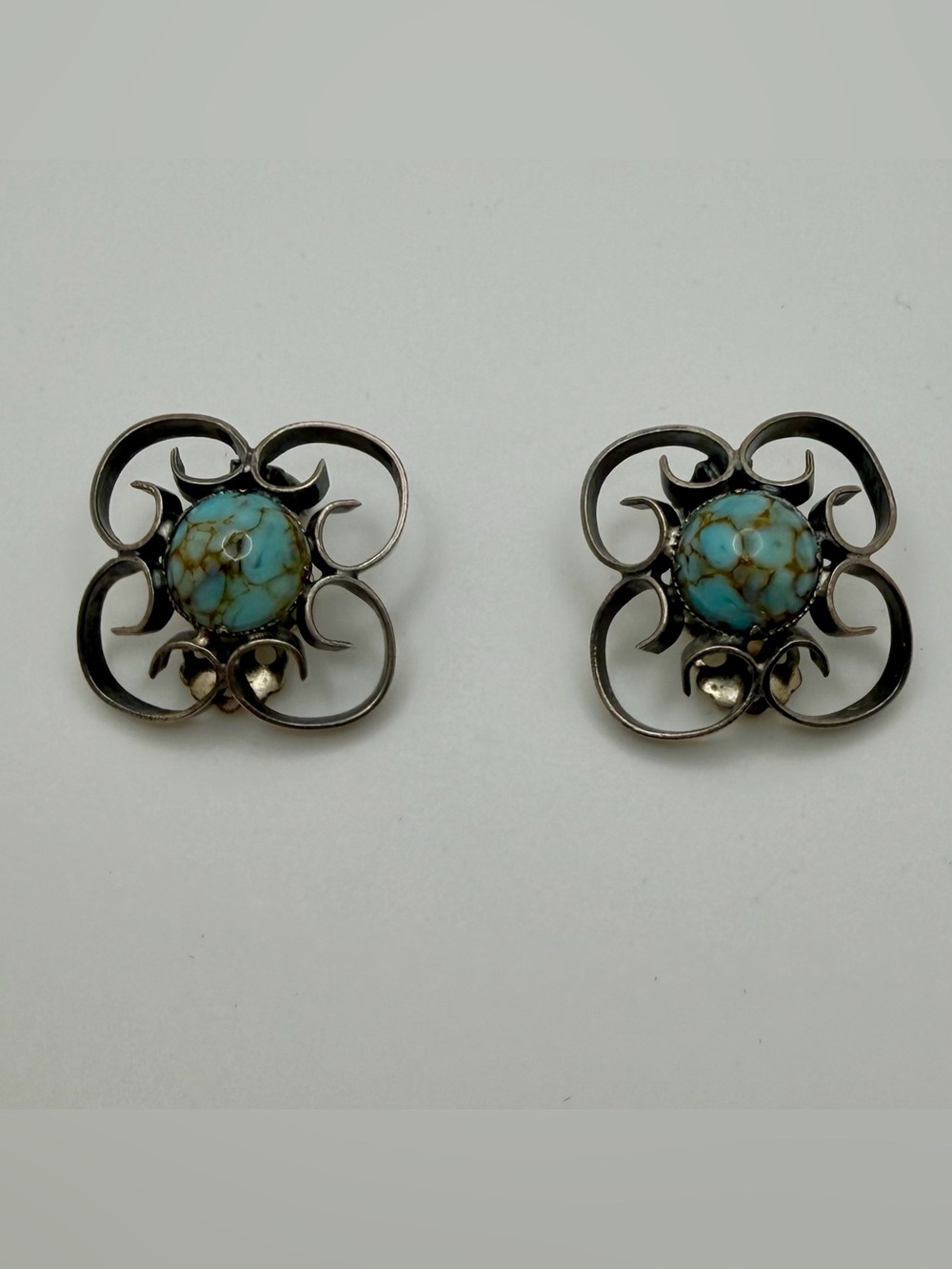 Vintage Austria Clip On Earrings, Faux Turquoise Glass, Antiqued Silver Tone
